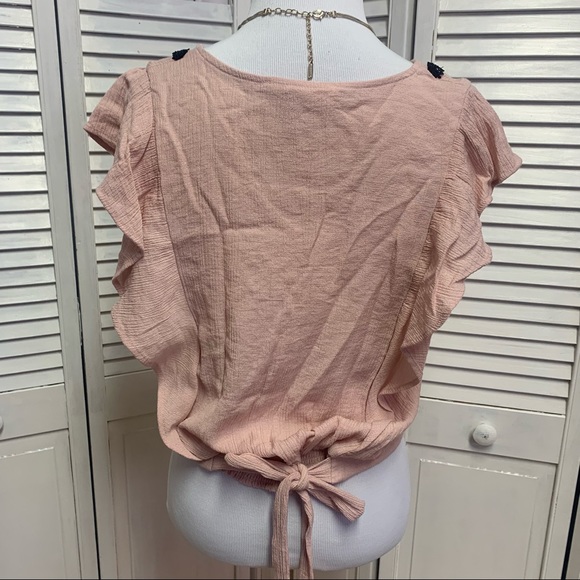 Pink Crepe Wrap Blouse with Black Lace Detailing and Ruffle Sleeves - Picture 3 of 9